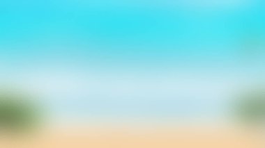 Yeşil yapraklar ve açık mavi gökyüzü olan sakin, bulanık kumlu bir kumsal manzarası..