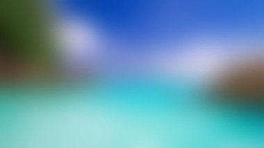 Berrak turkuaz suyu, yemyeşil yaprakları ve parlak mavi gökyüzü olan sakin bir tropikal plaj sahnesi..