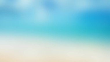 Parlak mavi bir gökyüzünün altında kumlu bir kumsalın yumuşak turkuaz okyanusla buluşmasının huzurlu ve bulanık bir görüntüsü..