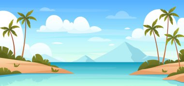Okyanus kıyısı. Yaz plajının vektör çizimi, dağlı tropikal okyanus kıyısı, palmiye ağaçları, ada. Deniz ufku manzarası arka planı. Deniz manzaralı. Yaz tatili. Tatil yeri