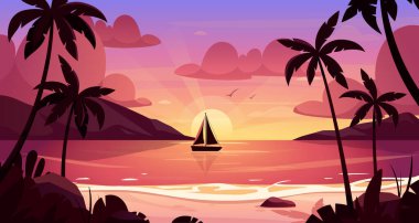 Sahilde yaz günbatımı. Sahili, dağları, palmiyeleri, okyanusu, dalgaları, gemisi olan vektör deniz manzarası. Cennet doğa tatili. Deniz manzaralı arka plan. Açık hava seyahati manzarası. Sabah manzarası