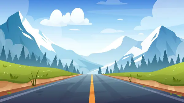 Dağ yolu manzarası. İlkbahar dağları, tepeler, tarlalar ve güzel gökyüzü olan otobanın vektör çizimi. Ufuk çizgisine yolculuk. Araba macerası. Tatil, macera, oyun için düz otoban