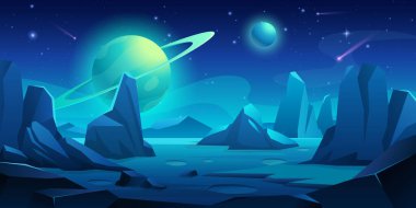 Mars yüzey manzarası. Kraterleri, Satürn gezegeni, dağları, kayaları, gökyüzü galaksisi, kuyruklu yıldızları olan yabancı bir gezegenin vektör çizimi. Kozmosta kızıl çöl. Mars 'ın dünya dışı geçmişi