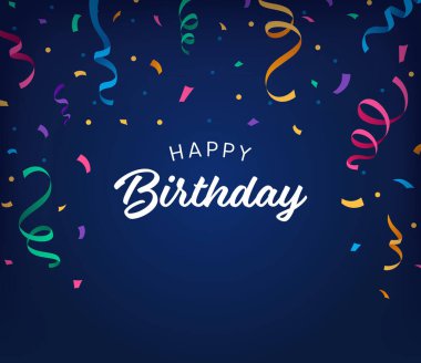 Tebrikler konfeti afişi. Konfeti, kurdele, renkli parçacıklar ve harf içeren vektör arkaplan. Web afişi, kartpostal, poster, tebrik şablonu için tatil illüstrasyonu. İyi ki doğdun