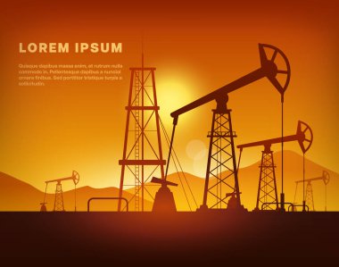 Petrol endüstrisi. Petrol kuyusu ve sondajının vektör çizimi, boru sistemli çıkartma ve ulaşım yağı. Siluet pompa ve sondaj kulesi. Sanayi fabrikası imalatı
