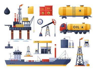 Petrol endüstrisi. Petrol kuyusu ve sondaj seti, petrol çıkarma ve taşımacılık petrol, tankerler, gemiler, demiryolları. Fıçılar, petrol pompası kulesi, sondaj kulesi, su platformu.