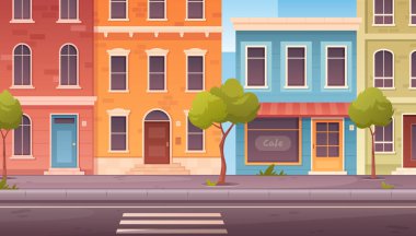 Şehir sokağı. Şehir manzaralı renkli bir ev, yayalar, ağaçlar, asfalt yol, apartmanın dışı, kafe. Yatay şehir manzarası. Binaları olan şehir manzarası. İkamet bölgesi