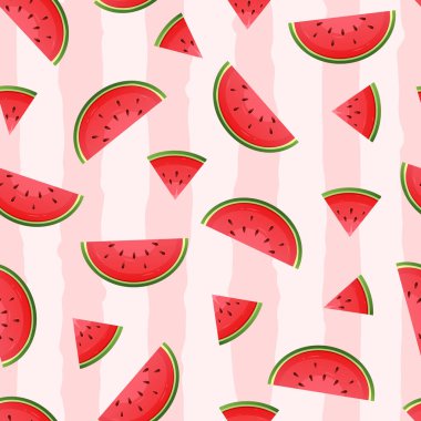 Karpuz arka planı. Olgun meyve parçalarının, ikiye bölünmüş ve dilimlenmiş vektörsüz desenleri. Taze yeşil organik meyve çizimi. Baskı için tatlı tatlılar, çocuk kumaşı, kumaş örneği. Sağlıklı vejetaryen yemekleri