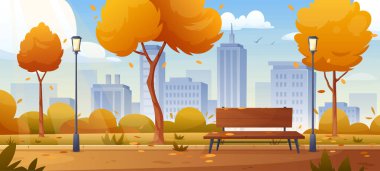 Central City Park Panoraması. Sonbahar sonbahar parkının, ağaçlarla, yapraklarla, banklarla, kaldırım yollarıyla, gökdelenlerle, kasaba binalarıyla ilgili temsili bir tasviri. Doğa manzarası. Halk bahçesinin yaşam tarzı konsepti