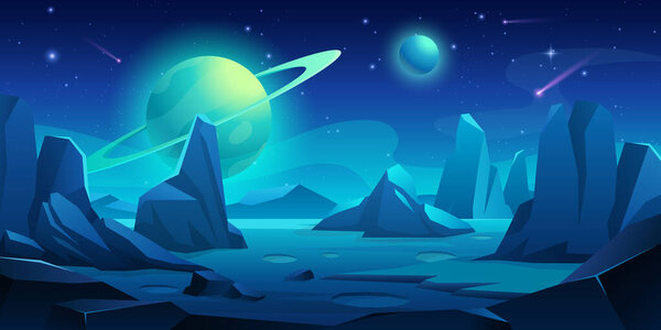 Марсианский пейзаж. Векторная иллюстрация ночной инопланетной планеты с кратерами, планетой-сатурном, горами, скалами, небесной галактикой, кометой и звездами. Красная пустыня в космосе. Марсианский внеземной фон