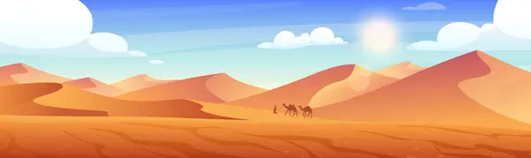 Çöl manzarası. Kum tepeleri, güneş, tepeler ve deve karavanıyla çölün vektör çizimi. Sıcak Afrikalı ya da vahşi batı Meksika doğası. Günbatımında altın çöl. Sahra Çölü 'ndeki Arap adam