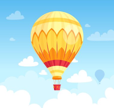 Sıcak hava balonu. Hava balonunun vektör çizimi, gökyüzünde bulutlu sepetli hava gemileri. Festival posteri, web afişi, tebrik kartı, zarf için romantik bir konsept. Yaz balayı gezisi