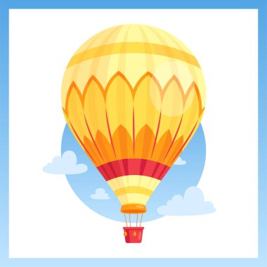 Sıcak hava balonu. Hava balonunun vektör çizimi, gökyüzünde bulutlu sepetli hava gemileri. Festival posteri, web afişi, tebrik kartı, zarf için romantik bir konsept. Yaz balayı gezisi