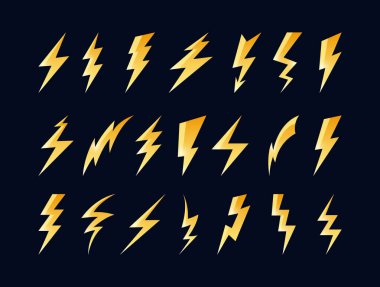 Şimşek simgesi. Çizgi film yıldırımları, elektrik yükü ve şimşek sembolü vektör kümesi, elektrik logosu için elektrik çarpması. Güç ya da enerji işareti. Enerji patlaması