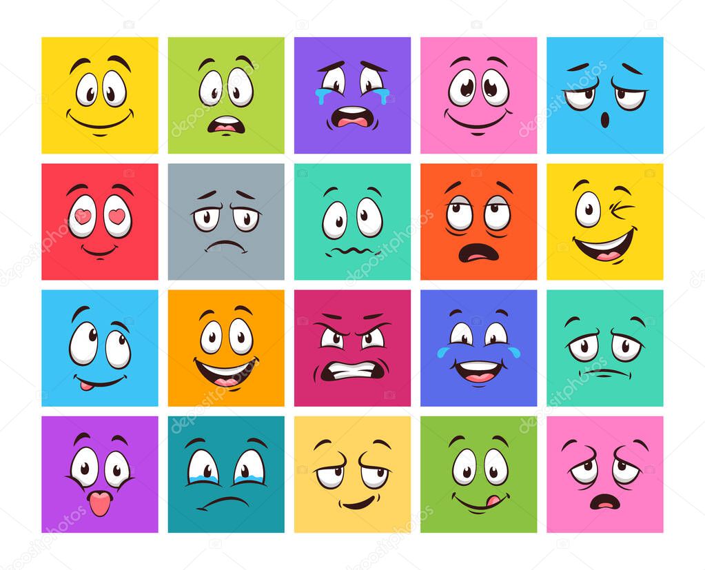 Face expressions. Vector icon set of cartoon character face expressions with smiling, laughing, dreaming, fall in love, sad, fear, crying, cheerful mouth and eyes. Emoji emotion in different mood.