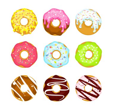 Beyaz arka planda izole edilmiş renkli çizgi film tatlı çörekleri. Düz renkte resimleme. Kafe, menü, pankart ve web için Top View Donutları Koleksiyonu