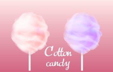 Pembe ve mor renklerden oluşan gerçekçi pamuk helva. Şeker bulutları. Tatlı sokak yemekleri. 3d vektör simgesi.