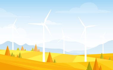 Dönen yel değirmenleri, rüzgar türbinleri, tarla, dağlar, ağaçlar ve ormanla alternatif enerji kaynaklarının temsili. Sonbahar manzarası ve yel değirmeni elementleri ekolojik gücün sembolü olarak.