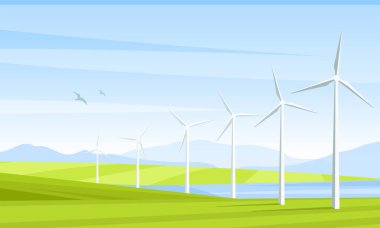 Dönen yel değirmenleri, rüzgar türbinleri, tarla, dağlar, göl, kuşlar ve güzel gökyüzü ile alternatif enerji kaynaklarının temsili. Yaz manzarası ve yel değirmeni elementleri ekolojik gücün sembolü olarak.