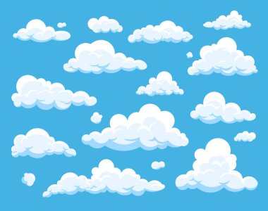 Mavi arkaplanda izole edilmiş karikatür bulutları. Düz bir bulut simgesi koleksiyonu. Bulut manzarası çizimi. Etiket, logo, şablon, web sitesi, poster, duvar kağıdı ve yazdırma simgesi.