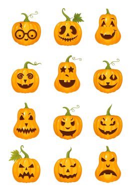 Şirin, mutlu, ürkütücü, ürkütücü ve korkutucu yüzlü Cadılar Bayramı balkabakları. Çizgi film Autumn Illustration düz stil. Web tasarımı için balkabağı simgeleri, baskı, desen, bayrak, çocuk konsepti. Şükran Günü