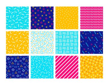 Renkli Memphis 'in geometrik elementlerle kusursuz desenlerinin vektör koleksiyonu. Grafik tasarımı için siyah ve beyaz geometrik desenler, arka plan, kumaş, poster, ambalaj kağıdı, ağ. Moda 80-90 'lar