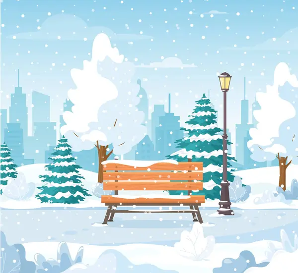 Noel ağaçları, bank, fener, yürüyüş yolu, tepeler ve şehrin ufuk çizgisi olan karlı kış şehir parkının temsilcisi. Pankart, poster ve ağ için kış Noel manzarası. Çizgi film şehir parkı düz stil.