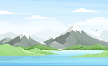 Vector illustration of mountain landscape with blue sky, lake, river, silhouettes forest, hills and bird. Beautiful skyline background. Mountain peak. Good for wallpaper, banner, cover, poster.
