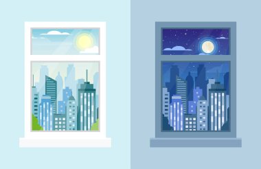 Gündüz ve gece şehir manzaraları, şehir manzarası, şehir silueti, bulutlar, güneş, kule, binalar, düz çizgi film tarzında pencere pervazları. Pencere gündüz görünümü arkaplanı.