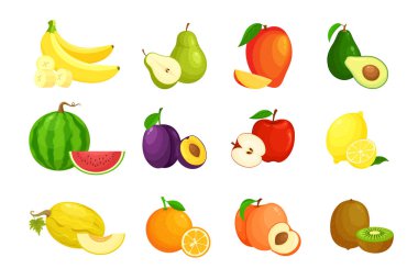 Çizgi film meyvelerinin vektör çizimi. Mango, kavun, dilimlenmiş muz, karpuz, elma, armut, portakal, şeftali, erik, kivi, limon ve beyaz arka planda izole edilmiş avokado içeren meyve ikonu koleksiyonu
