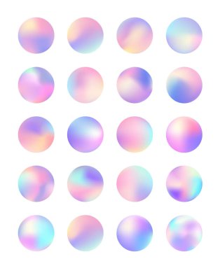 Yuvarlak sanal folyo düğmesinin vektör seti. Web, dijital, tasarım mobil uygulama veya basılı ürünler için güzel gökkuşağı dokusu. Yumuşak çok renkli dokusu 80 'ler - 90' lar. Yumuşak parlayan düğmeler
