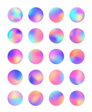 Yuvarlak sanal folyo düğmesinin vektör seti. Web, dijital, tasarım mobil uygulama veya basılı ürünler için güzel gökkuşağı dokusu. Yumuşak çok renkli dokusu 80 'ler - 90' lar. Yumuşak parlayan düğmeler