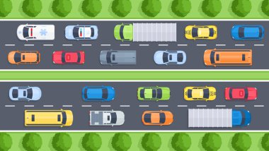 Kaldırımlı, arabalı, ağaçlı ve araçlı otoban manzarasının vektör çizimi. Sokak şehir konsepti harita, web ve afiş için düz çizgi film tarzında. Şehir altyapısı. Şehrin en üst manzarası.