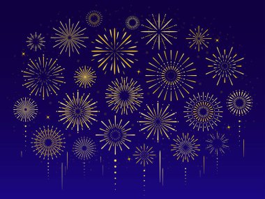 Altın kutlaması, bayram, yeni yıl partisi, Noel, doğum günü, karnaval ve Bağımsızlık Günü için havai fişek seti. Karanlık gökyüzünde havai fişek gösterisi. Havai fişek arka planı