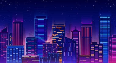 Fütürist gece şehrinin vektör çizimi, parlak ve parlak neon ışıkları olan şehir manzarası. Gökdelenleri, megapolis 'i, binaları, panorama arka planı olan şehir silueti. Canlı renkler.