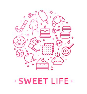 Tatlı tatlıların, keklerin ve kurabiyelerin temsilcisi. Logo, afiş, yayıncılık, web, grafik tasarım, fırın, kafe menüsü için bilgi konsepti. Kurabiye, Kek, Bisküvi, Kek, Dondurma, Şeker
