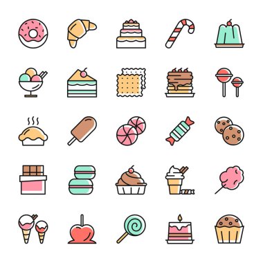 Web, uygulamalar, fırın, kafe logoları ve piktogram için renkli tatlı kuyruğu simgeleri. Kurabiye, kek, bisküvi, kek, dondurma, beyaz arka planda izole edilmiş şeker. Şekerleme simgeleri