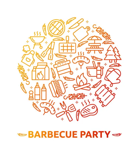 Barbekü partisinin vektör illüstrasyonu, barbekü, ızgara, piknik. Barbekü aletleri koleksiyonu, yemek, şarap, ateş. Logo, bayrak, yayıncılık, web, grafik tasarım, menü için bilgi kavramı.
