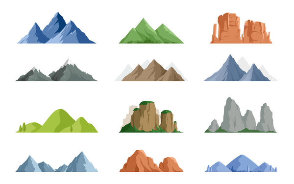 Vector set of isolated snowy mountains, mountain peak, hill top, iceberg, nature landscape. Camping landscape and hiking illustration. Outdoor travel,  adventure, tourism, climbing design elements
