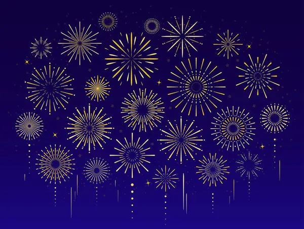 Altın kutlaması, bayram, yeni yıl partisi, Noel, doğum günü, karnaval ve Bağımsızlık Günü için havai fişek seti. Karanlık gökyüzünde havai fişek gösterisi. Havai fişek arka planı