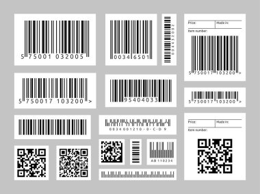Barkod etiketleri. Tarama çubuğu etiketleri, QR kodları, beyaz arka planda izole edilmiş endüstriyel fiyat etiketleri. Süpermarket taraması, pazarlama ve dijital tanımlama için siyah çizgili kod
