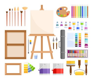 Sanat aletleri. Düz sanat malzemelerinin vektör seti, resim, çizim, karikatür tarzı çizim aletleri. Easel, fırçalar, palet, tuval, kalemler, boyalar, sanat stüdyosu ve sergi için suluboya..