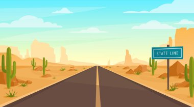 Çölde yol. Çizgi film tarzında çöl manzarasının asfalt yolu, tepeler, dağlar, kaya, işaretçi ve kaktüsü ile temsili temsilcisi. Batı Teksas manzarası. Arizona yolu veya Meksika manzarası