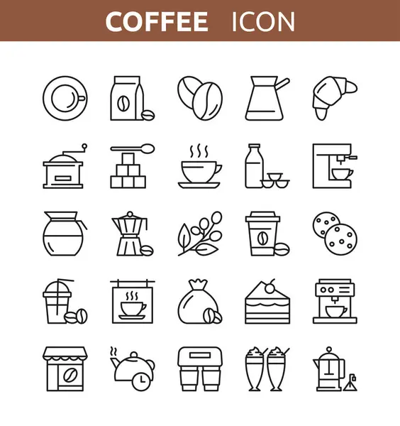 Menü, web, kahve servisi için vektör seti ve çay hattı simgeleri. Bardak, kokteyl, demlik, pres, kahve makinesi, fasulye, kek ikonları koleksiyonu. Latte espresso ve kapuçino fincanları.