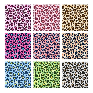 Renkli leopar deseni. Tekstil, kumaş, duvar kâğıdı, ambalaj kağıdı, poster, arkaplan, ağ için leopar derisi kusursuz desen. Vahşi hayvan derisi izi. Gerçekçi hayvan dokusu. Moda tekstili