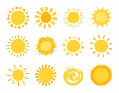 Elin vektör seti komik, sevimli güneş simgeleri çizmiş. Beyaz arka planda izole edilmiş güneş sembolleri. Web sitesi, web düğmesi, mobil uygulama, hava tasarımı için karikatür yaz simgesi. Güneş emojisi. Komik yaz güneşi.