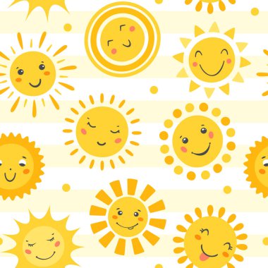 Güneş kusursuz desen. Vektör el sevimli güneş simgeleri ve emoji çizdi. Web, kumaş, çanta, tekstil, duvar kâğıdı, hava tasarımı için karikatür yaz şablonu. Komik yaz güneşi. Duygu Simgeleri koleksiyonu