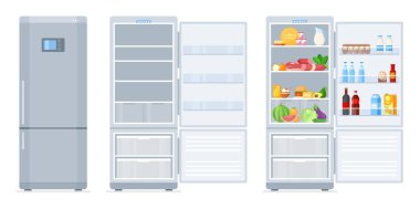  Donduruculu buzdolabı. Boş, açık ve kapalı buzdolabı ile yiyeceklerin temsili çizimi. Yemek pişirme ve mutfak konsepti. Sebze, meyve, yumurta, su, et ve süt ürünleri. Taze ev yapımı yemekler.