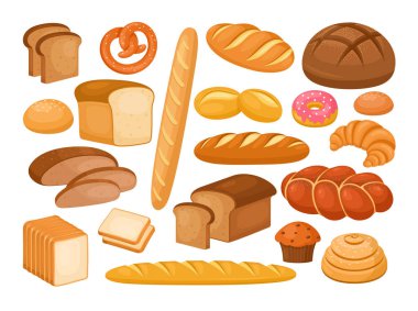 Ekmek simgelerinin vektör seti. Pasta ürünleri. Tam tahıllı ekmek, dilimlenmiş ekmek, simit, Fransız ekmeği, kruvasan, kek, çörek, çavdar ekmeği ve kraker. Tatlı tatlılar