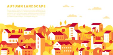 Vektör sonbaharı şehir manzarası basit geometrik düz bir şekilde çöker. Yatay sonbahar manzarası binalar, evler, ağaçlar, tepeler, tarlalar. Şehir binaları resimlere bakıyor. Asgari şehir manzarası